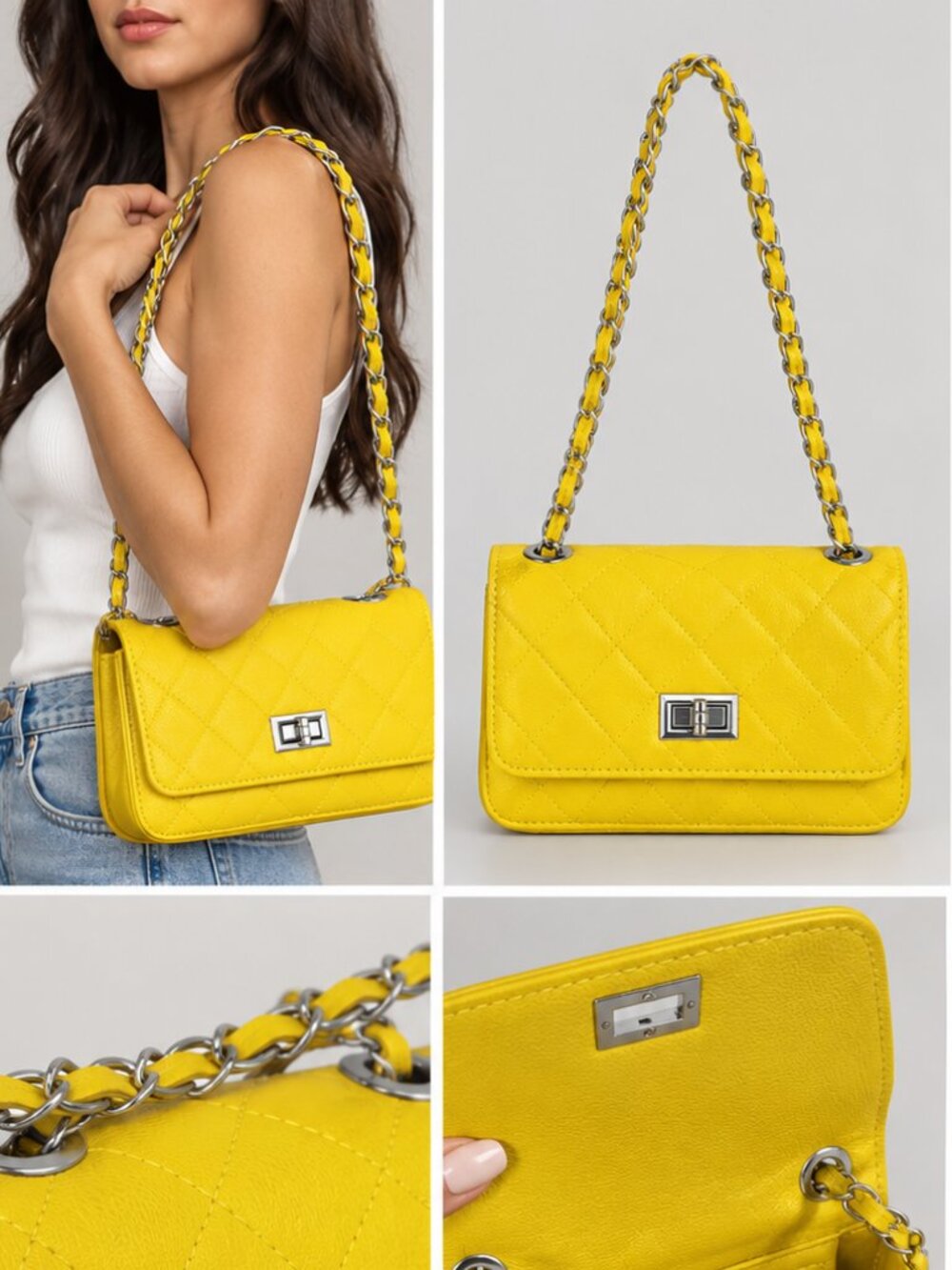 Yellow Quilted Chain Strap Crossbody Bag Silver Turn Lock Small Purse